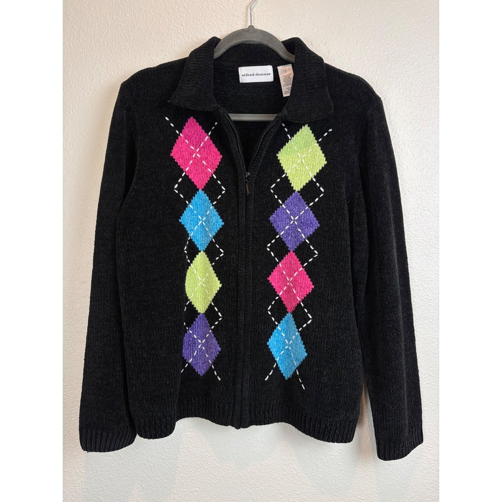 Alfred Dunner Cardigan Large Black Chenille Argyle Colorful Preppy Retro Fall